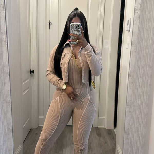 β¨ Chic & Stylish Women's Distressed Jumpsuit Two-Piece Set β Trendy & Comfy Outfit β¨