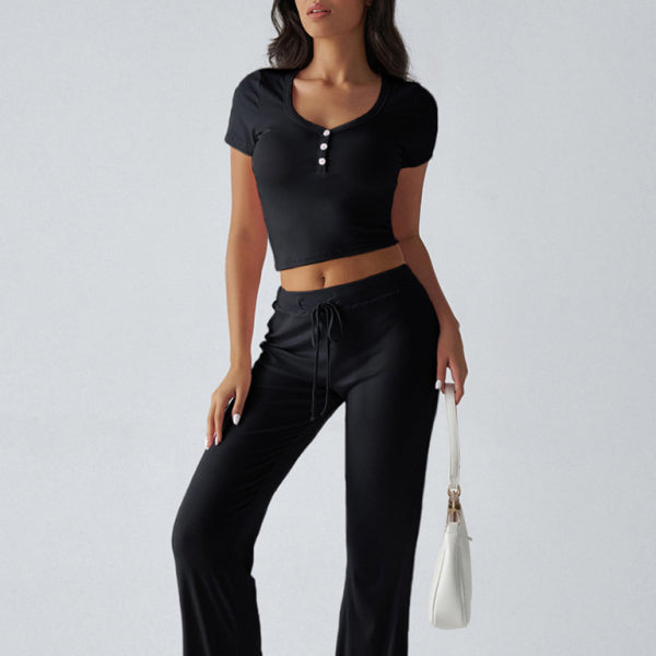 ✨ Y2K Knitted Two-Piece Set – Trendy U-Neck T-Shirt & Trousers Lounge Outfit ✨