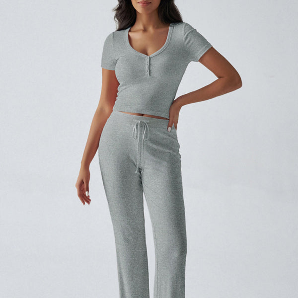 ✨ Y2K Knitted Two-Piece Set – Trendy U-Neck T-Shirt & Trousers Lounge Outfit ✨
