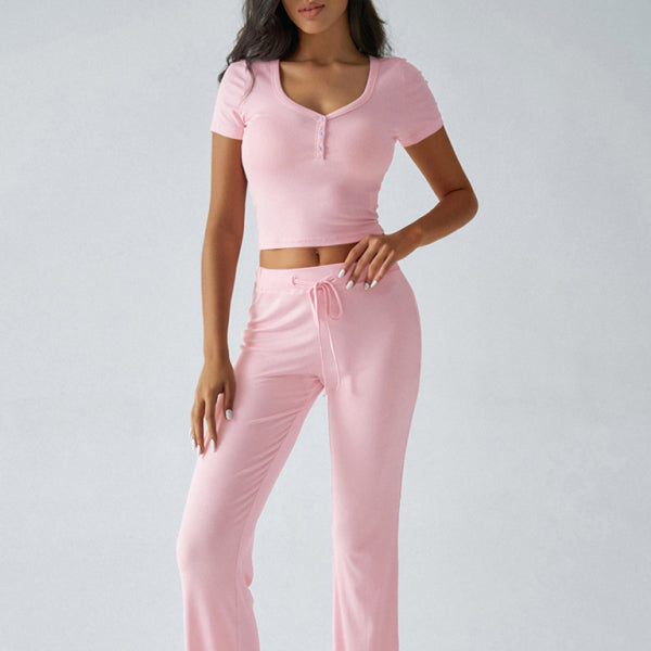 ✨ Y2K Knitted Two-Piece Set – Trendy U-Neck T-Shirt & Trousers Lounge Outfit ✨