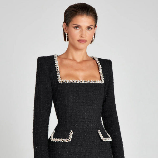 β¨ Elegant Beaded Bodycon Dress Long Sleeve U-Neck Slim Fit β Perfect for Fall & Winter β¨