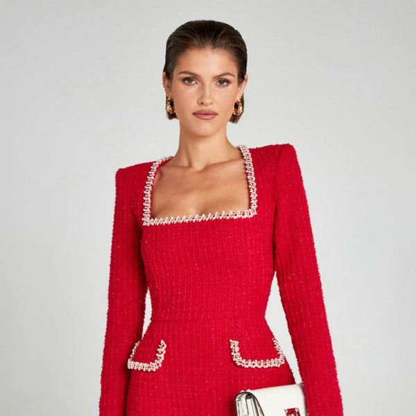 β¨ Elegant Beaded Bodycon Dress Long Sleeve U-Neck Slim Fit β Perfect for Fall & Winter β¨
