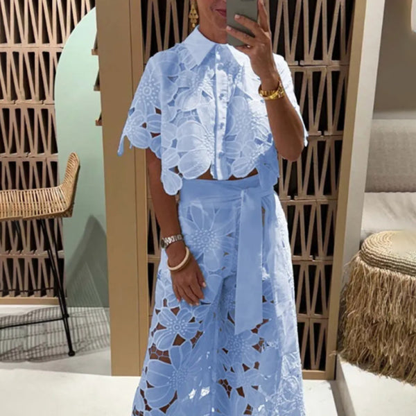 π₯ Chic & Sexy Hollow Out Two-Piece Set β Cardigan Top & Wide Leg Pants π