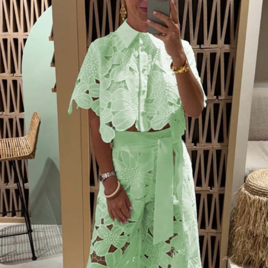 π₯ Chic & Sexy Hollow Out Two-Piece Set β Cardigan Top & Wide Leg Pants π