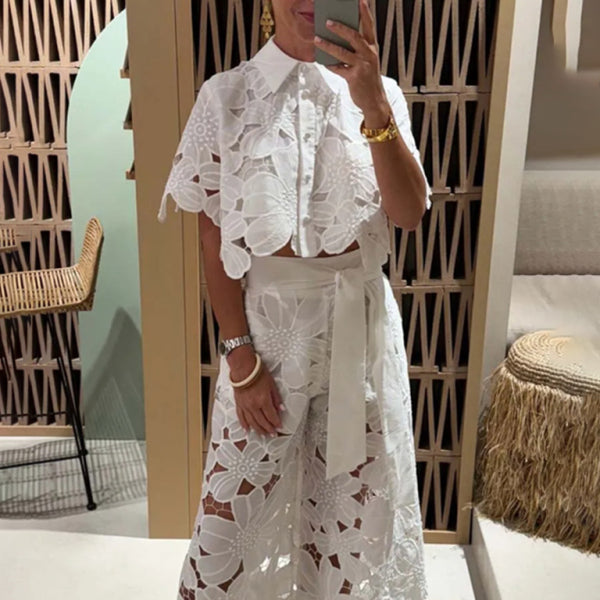 π₯ Chic & Sexy Hollow Out Two-Piece Set β Cardigan Top & Wide Leg Pants π