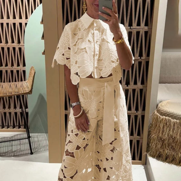 π₯ Chic & Sexy Hollow Out Two-Piece Set β Cardigan Top & Wide Leg Pants π