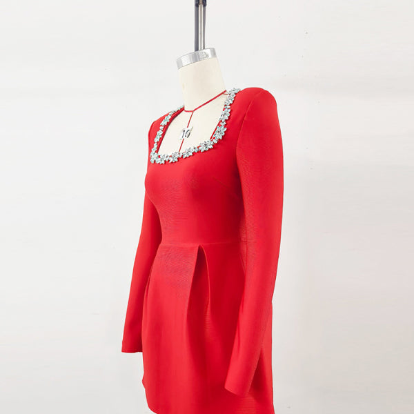 ✨ Elegant French Square Neck Diamond Long Sleeve Dress – Chic & Timeless Style ✨