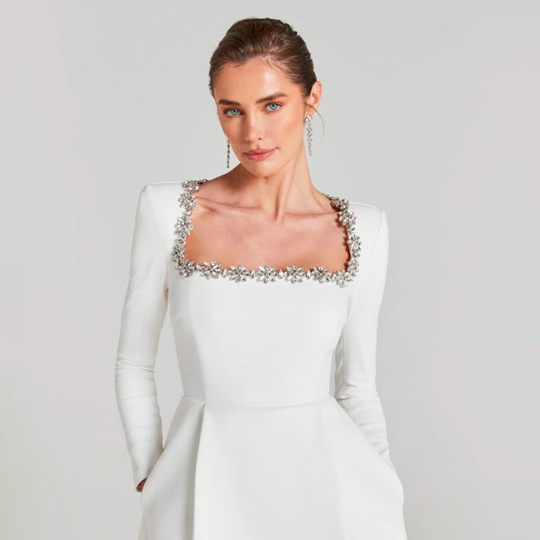 ✨ Elegant French Square Neck Diamond Long Sleeve Dress – Chic & Timeless Style ✨