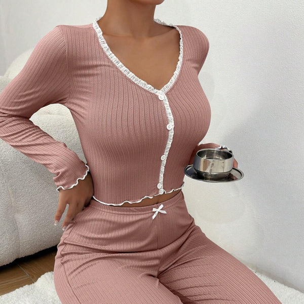 🛌 Cozy & Chic Lace Pajama Set – Long Sleeve & Pants for Stylish Comfort 💖
