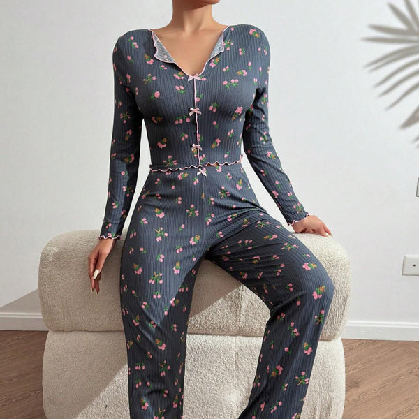 β¨ Cozy & Chic Womens Loungewear Set Long Sleeve Top and Printed Pants Pajamas β¨