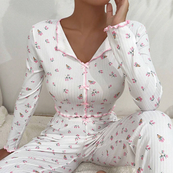 β¨ Cozy & Chic Womens Loungewear Set Long Sleeve Top and Printed Pants Pajamas β¨