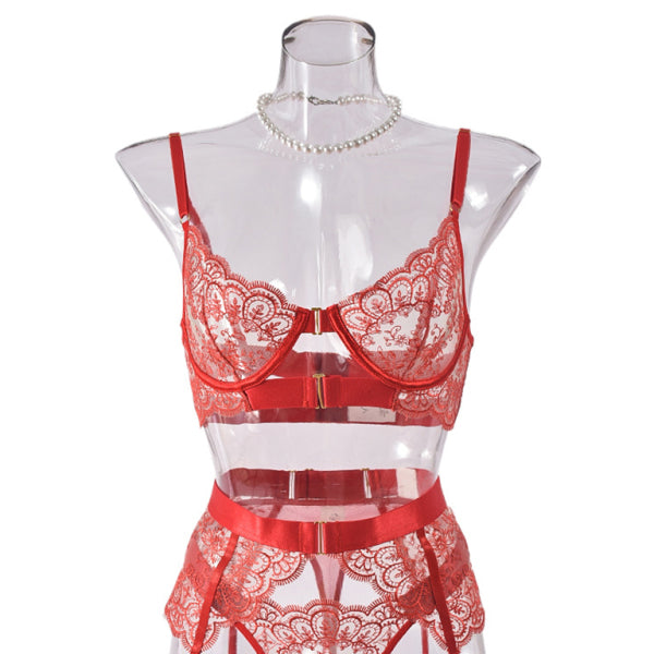 ✨ Sexy Embroidered Lingerie Set – 3 Piece Lace Bra Panty & Garter Set ✨