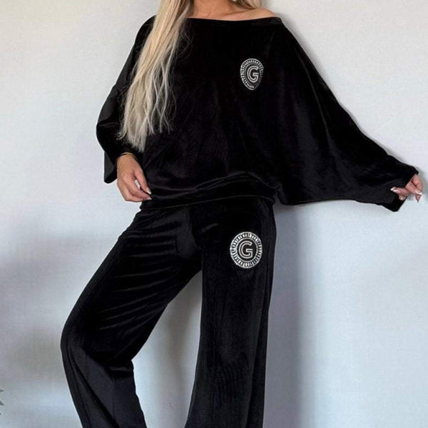 ✨ Luxe Gold Velvet Two-Piece Set – Chic Bat Sleeve Lounge Outfit ✨