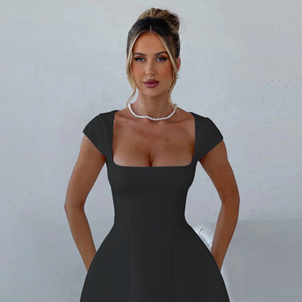 ✨ Chic Square Neck A-Line Dress – Elegant Short Sleeve Party Dress ✨