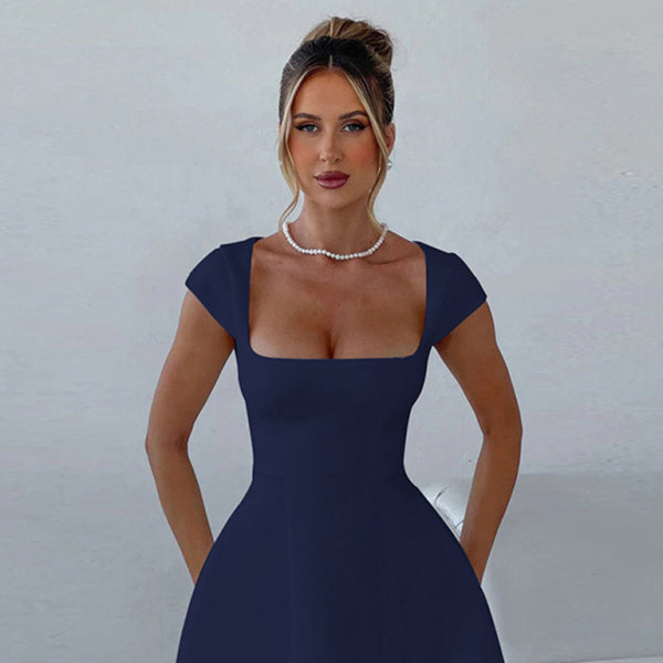 ✨ Chic Square Neck A-Line Dress – Elegant Short Sleeve Party Dress ✨