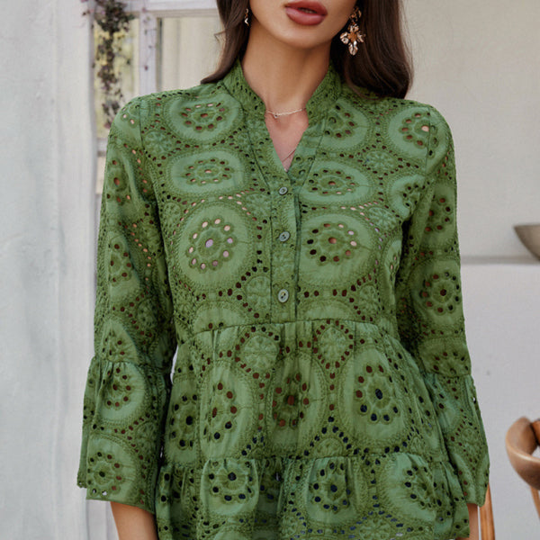 ✨ Chic Hollow V-Neck Blouse – Stylish Three-Quarter Sleeve Top for Any Occasion ✨