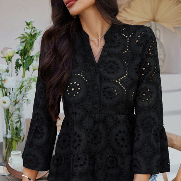 ✨ Chic Hollow V-Neck Blouse – Stylish Three-Quarter Sleeve Top for Any Occasion ✨