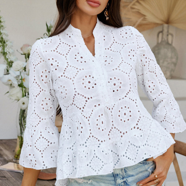 ✨ Chic Hollow V-Neck Blouse – Stylish Three-Quarter Sleeve Top for Any Occasion ✨