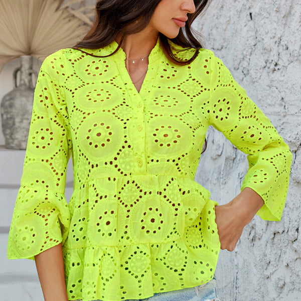 ✨ Chic Hollow V-Neck Blouse – Stylish Three-Quarter Sleeve Top for Any Occasion ✨