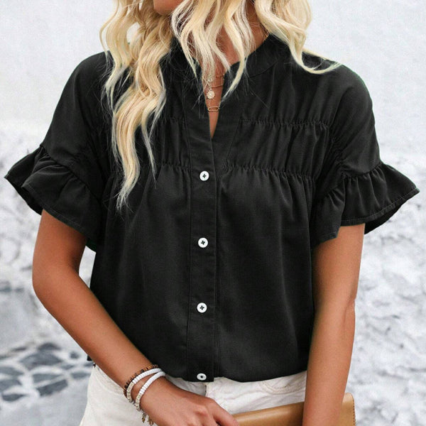 🛍️ Chic Gathered Short Sleeve Shirt Stand Collar Blouse – Casual & Stylish Must-Have ✨