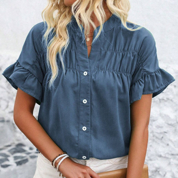 🛍️ Chic Gathered Short Sleeve Shirt Stand Collar Blouse – Casual & Stylish Must-Have ✨