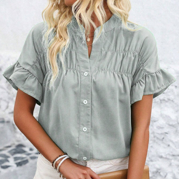 🛍️ Chic Gathered Short Sleeve Shirt Stand Collar Blouse – Casual & Stylish Must-Have ✨