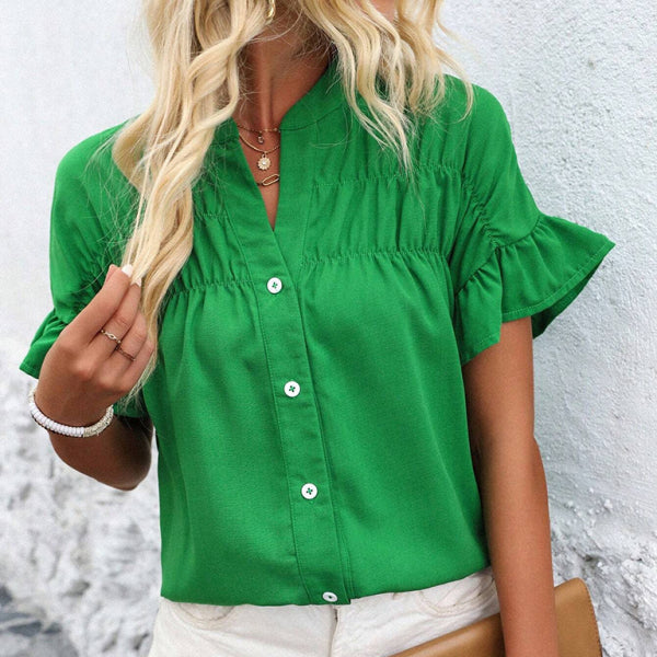 🛍️ Chic Gathered Short Sleeve Shirt Stand Collar Blouse – Casual & Stylish Must-Have ✨