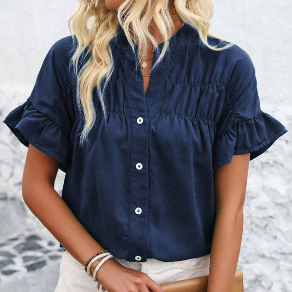 🛍️ Chic Gathered Short Sleeve Shirt Stand Collar Blouse – Casual & Stylish Must-Have ✨