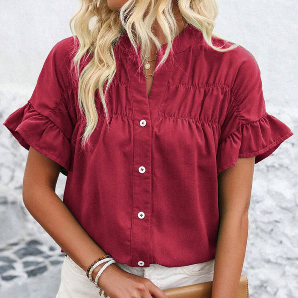🛍️ Chic Gathered Short Sleeve Shirt Stand Collar Blouse – Casual & Stylish Must-Have ✨