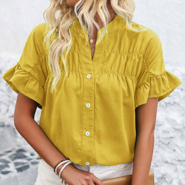 🛍️ Chic Gathered Short Sleeve Shirt Stand Collar Blouse – Casual & Stylish Must-Have ✨