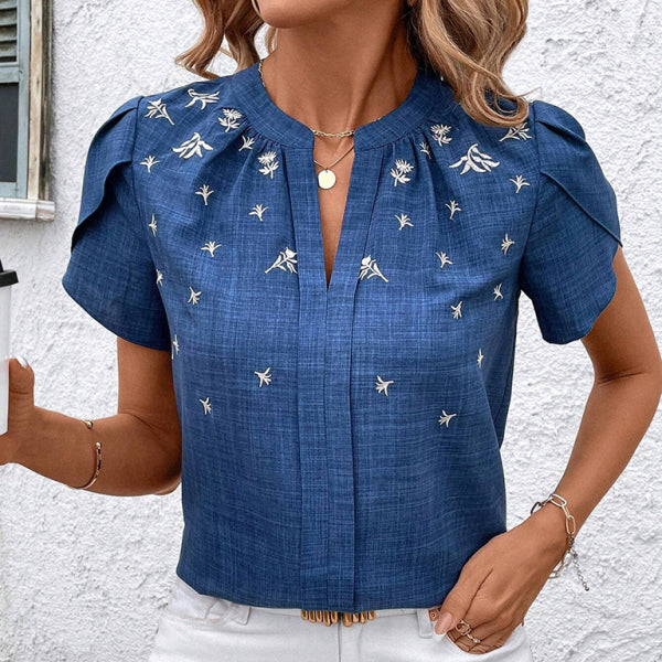 ✨ Chic Half-Collar Printed Blouse – Stylish Short-Sleeve Pullover for Any Look ✨