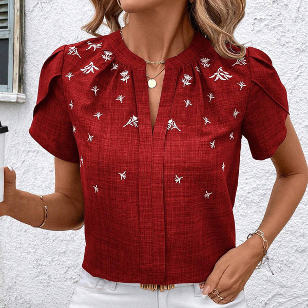 ✨ Chic Half-Collar Printed Blouse – Stylish Short-Sleeve Pullover for Any Look ✨