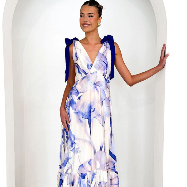 πΈ Flowy Lace-Up Maxi Dress V-Neck Sleeveless Floral Vacation Dress πΈ