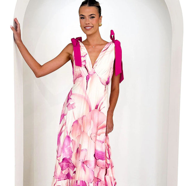 πΈ Flowy Lace-Up Maxi Dress V-Neck Sleeveless Floral Vacation Dress πΈ