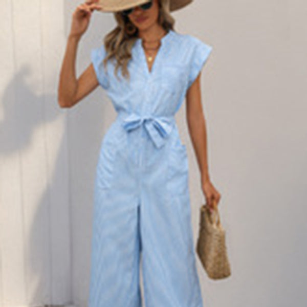 ✨ Chic Striped V-Neck Jumpsuit Blue White Sleeveless Trendy Summer Outfit ✨