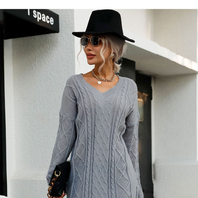🔥 Cozy Chic Grey Sweater Dress Long Sleeve V-Neck – Fall Winter Must-Have ✨