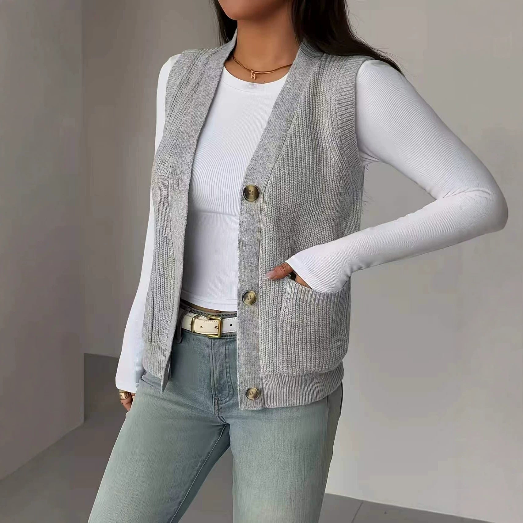 Knit sweater vest with a button front, an easy fall layering piece