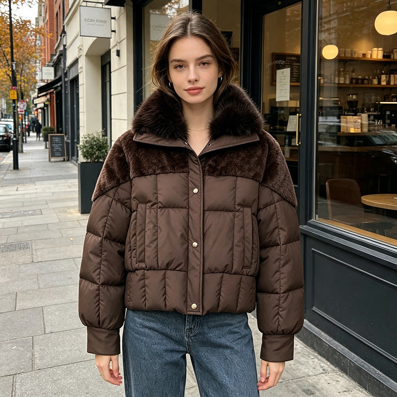 Woman wearing a quilted winter puffer jacket