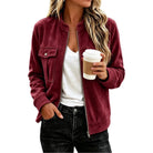 Faux Suede Stand-Collar Zip Jacket in Wine Red