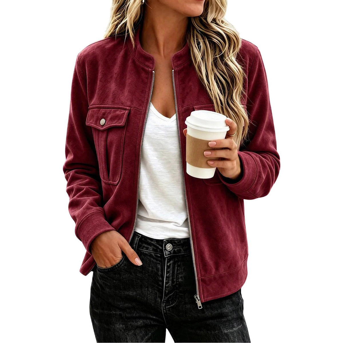 Faux Suede Stand-Collar Zip Jacket in Wine Red