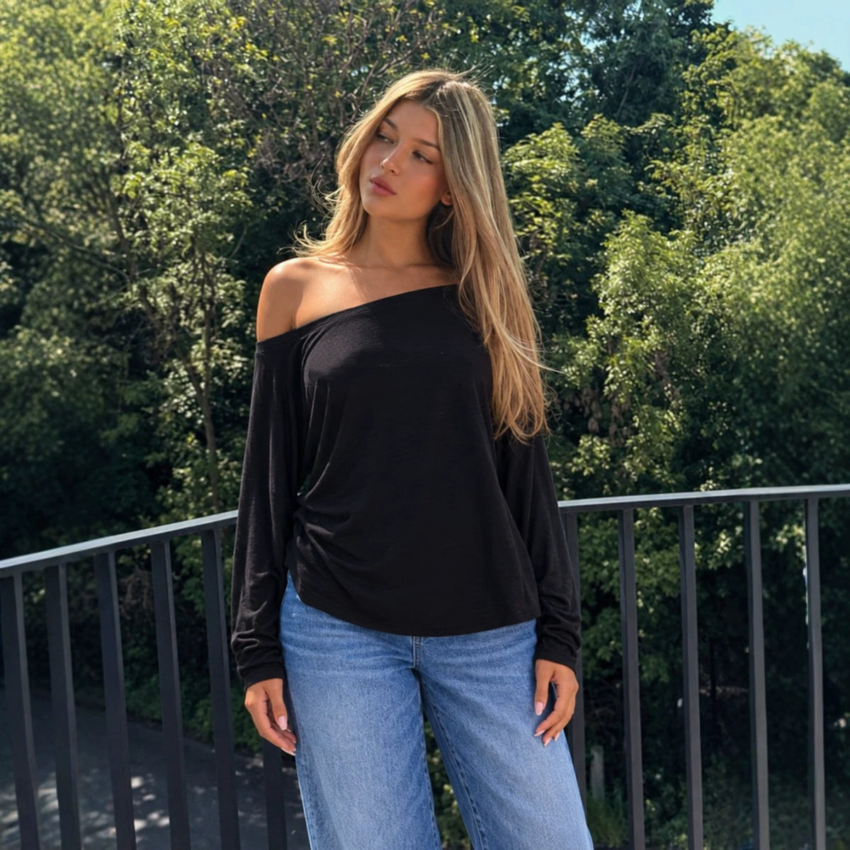 Off-Shoulder Lace-Back Long-Sleeve Top by Nue Haven