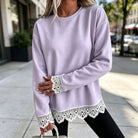 Lace-Panel Round-Neck Long-Sleeve Top in Light Purple