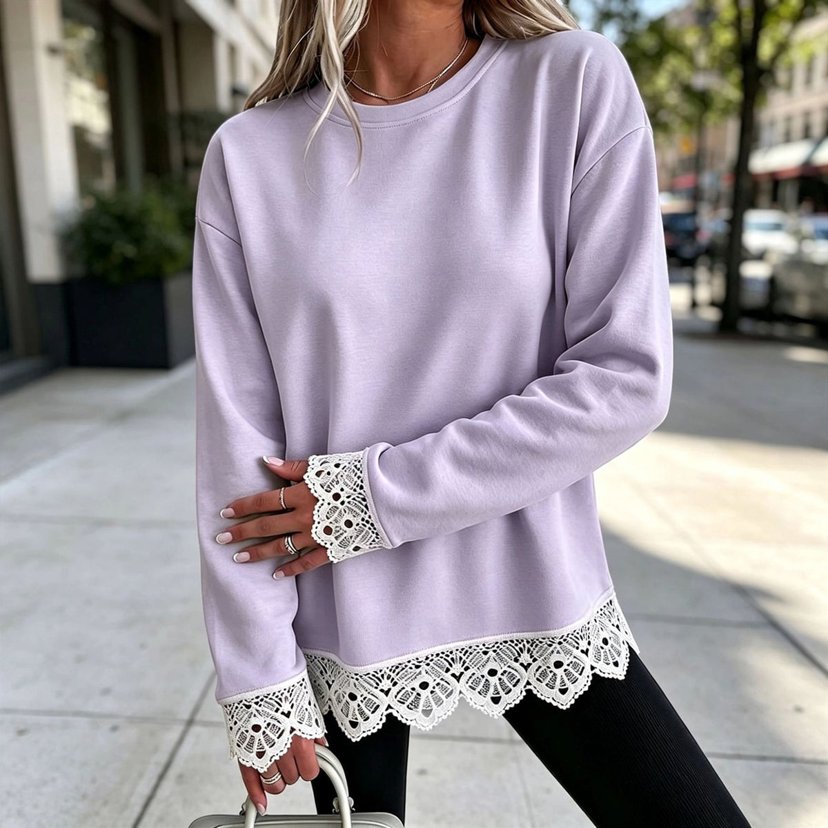 Lace-Panel Round-Neck Long-Sleeve Top in Light Purple