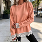 Lace-Panel Round-Neck Long-Sleeve Top in Coral
