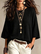 Drop-Shoulder Crewneck Knit Sweater in Black