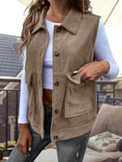 Corduroy sleeveless button-front vest with wool filling
