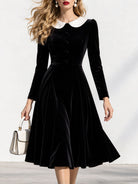 Cinched-Waist Flared Velvet Midi Dress in Black