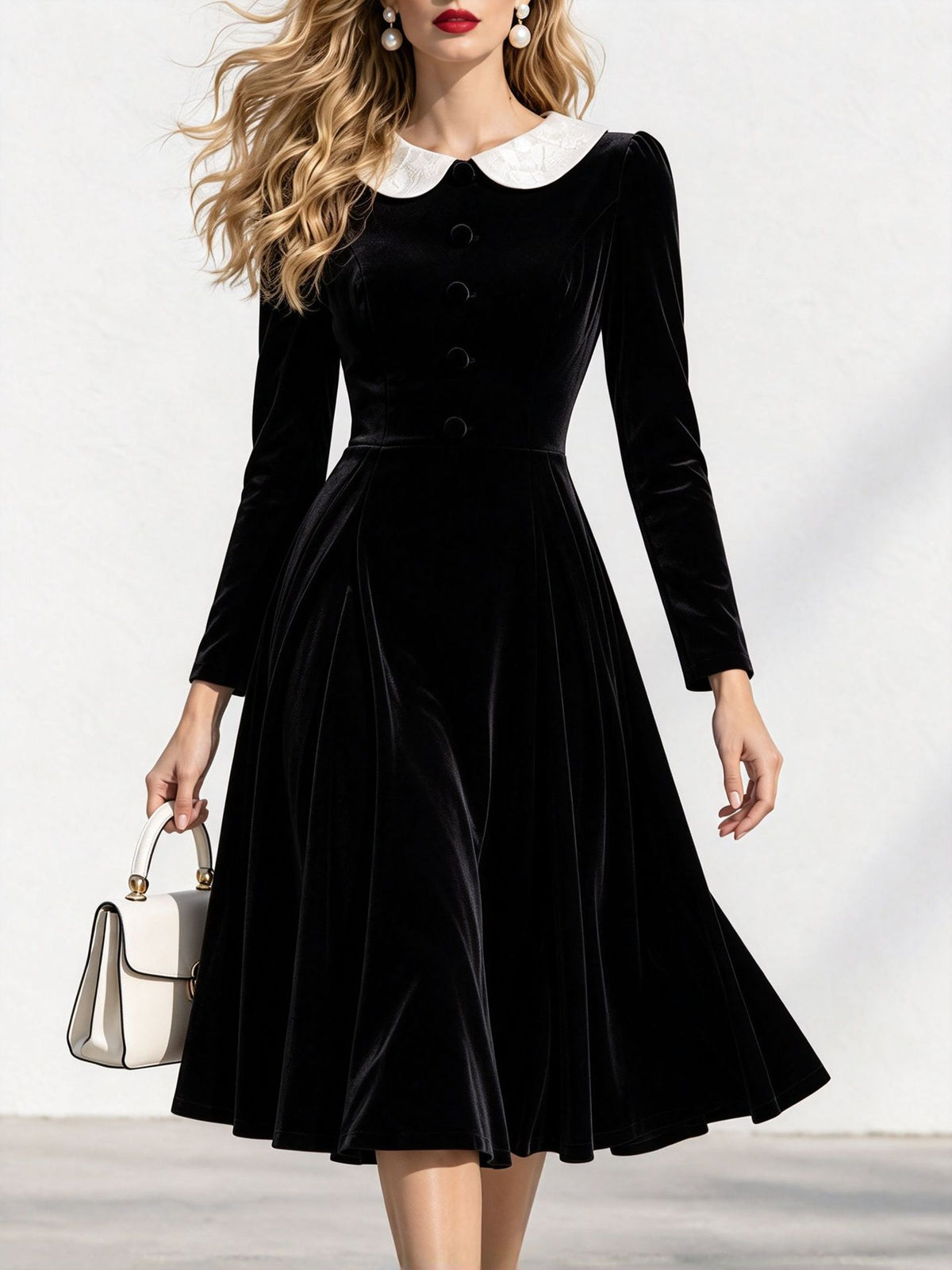Cinched-Waist Flared Velvet Midi Dress in Black