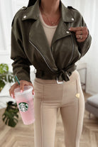 Faux Suede Lapel Zip Jacket in Army Green