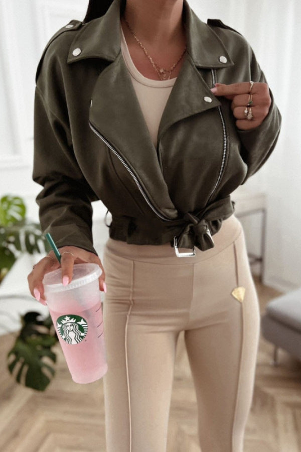 Faux Suede Lapel Zip Jacket in Army Green